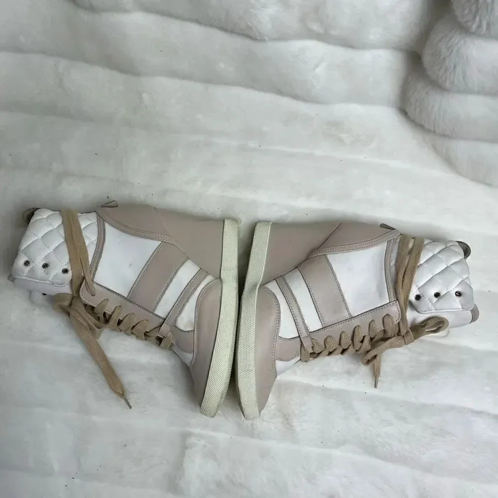 Chloe high top wedge sneakers in white suede and tan leather trim size E…